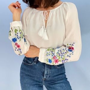 Karen Kane Peasant Blouse with Floral Embroidered Sleeves
